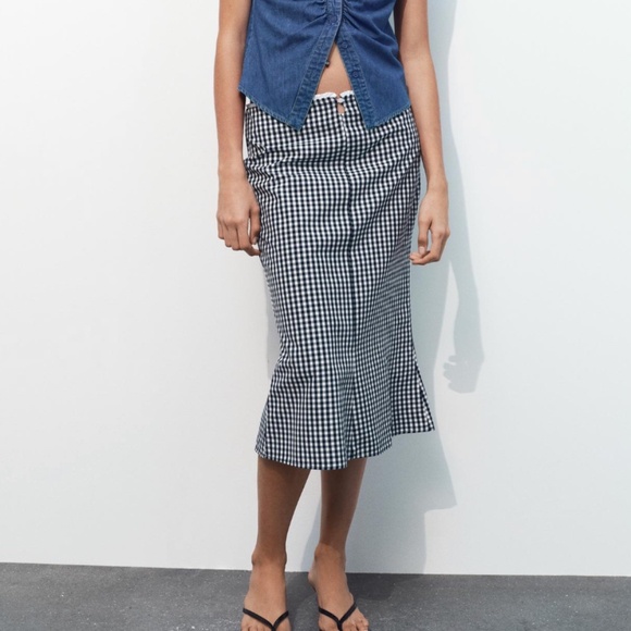 Zara white and navy blue gingham long skirt made in Europe NWT - Picture 1 of 10